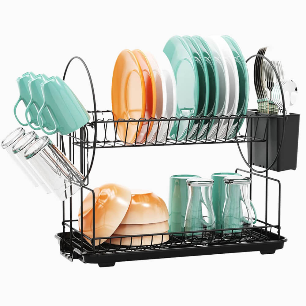 2-Tier Dish Rack,Easy Assemble Large Capacity Dish Drying Rack with Side  Mounted Utensil Holder and Cup Holder, Organizing Dishes Kitchen Counter  Top