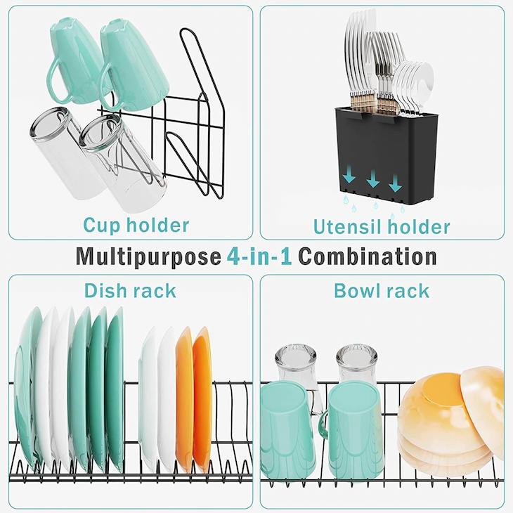 iSPECLE Dish Drying Rack - 2 Tier Dish Rack with Cup Holder, Dish Drainer  with Drainboard and Utensil Holder Large Capacity for Small Kitchen