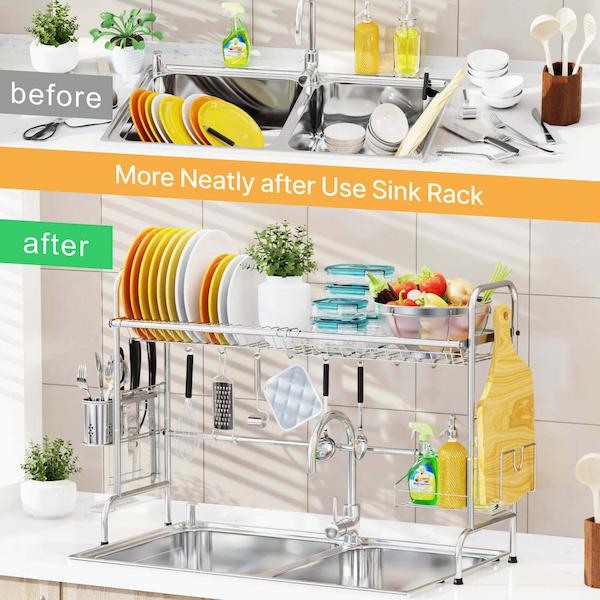 iSPECLE Over The Sink Dish Drying Rack Stainless Steel 2 Tier Dish Rack  Large Above Sink Drying Rack Kitchen Sink Shelf, Black