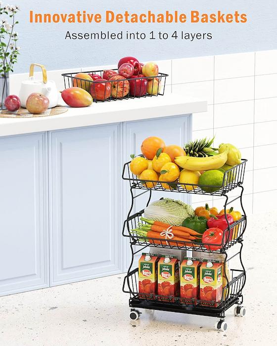 Carrito de frutas de 3 a 6 niveles con ruedas, carrito apilable de  almacenamiento de frutas y verduras, organizador de cesta de almacenamiento  de